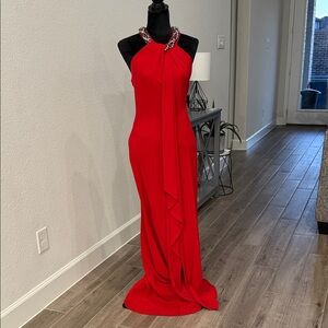 Beaded Halter Red Prom Gown